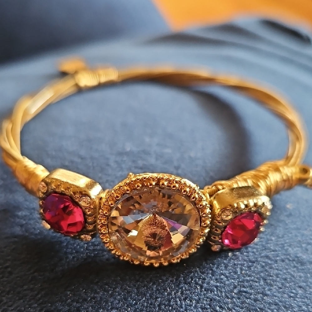 Elegant Gold and Red Bangle Wire Wrapped Gemstone Bracelet